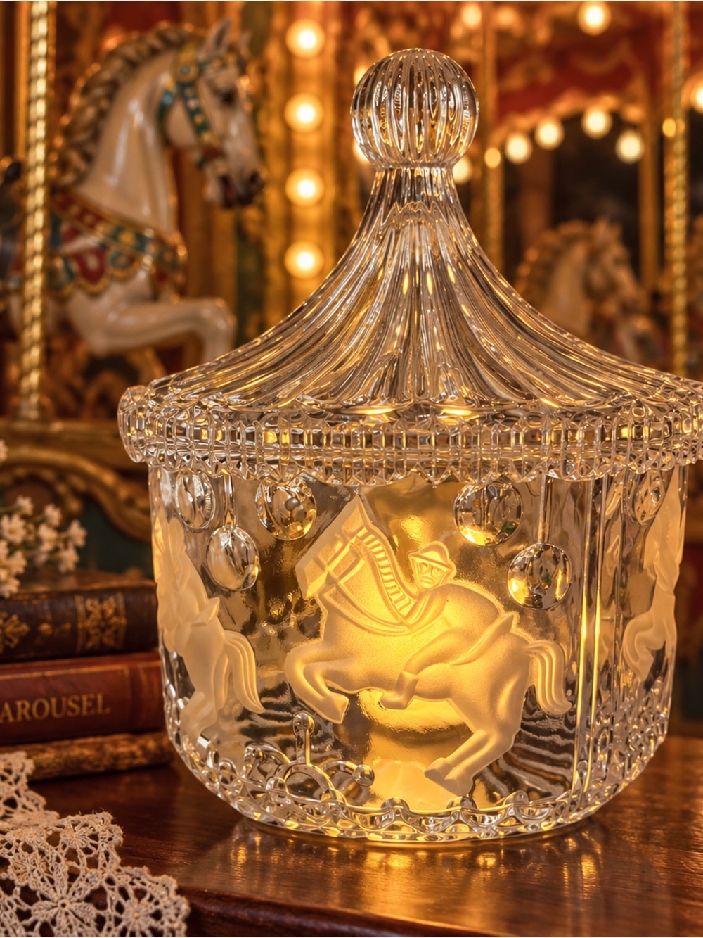 Vintage Goebel Crystal Carousel Candy Dish Fairy Lamp Circus Horses